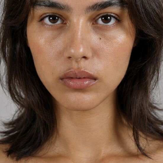AI model headshot — grey tee, close crop